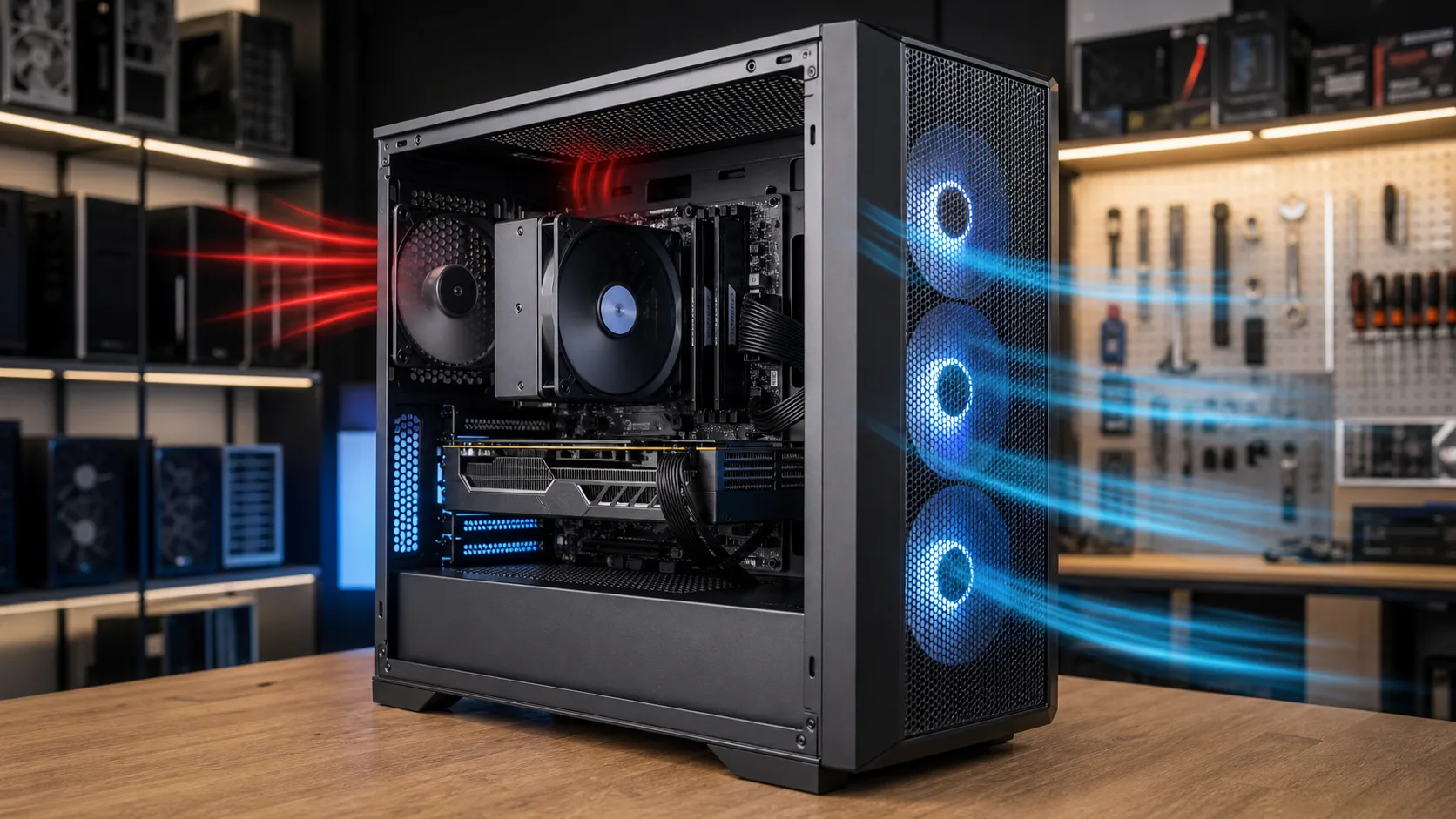 Casing PC airflow dengan mesh panel dan fan intake exhaust