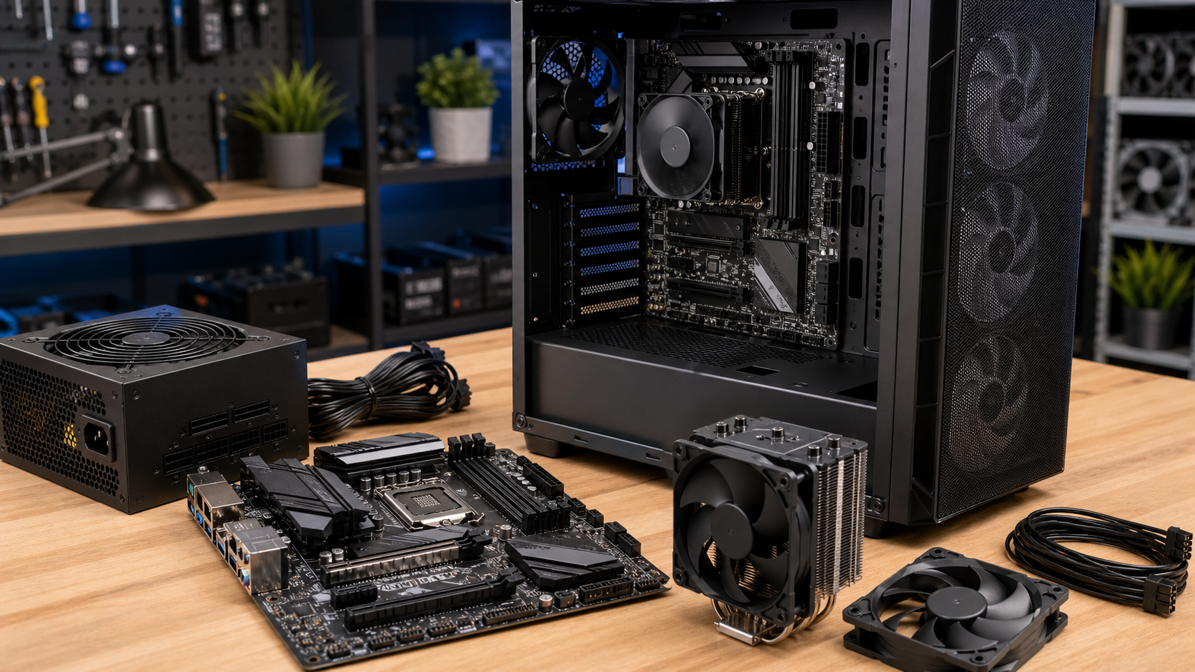 Komponen PC penting seperti power supply, motherboard, casing airflow, cooler, dan fan