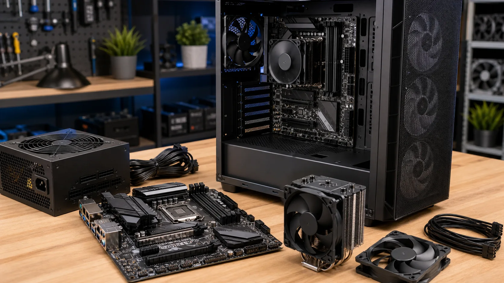 Komponen PC penting seperti power supply, motherboard, casing airflow, cooler, dan fan