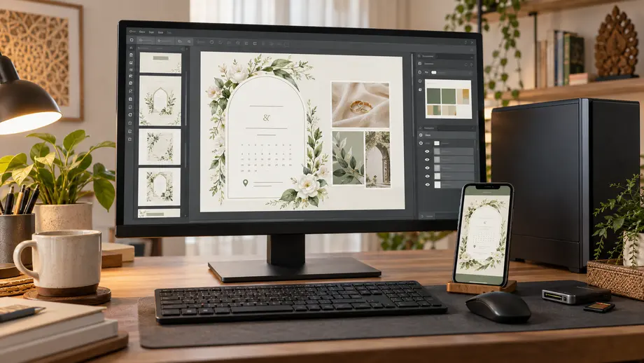 Komputer desktop yang digunakan untuk membuat desain undangan digital dengan pratinjau di ponsel