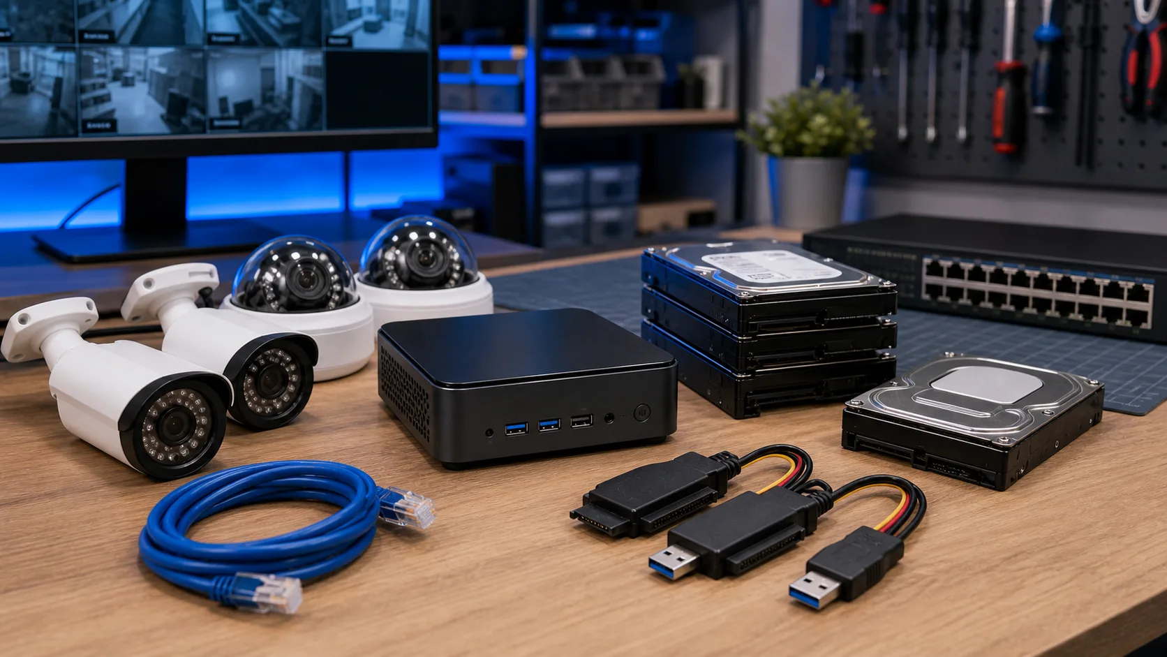Mini PC untuk NVR CCTV dengan kamera, hard disk surveillance, switch jaringan, dan konektor USB 3.0 ke SATA