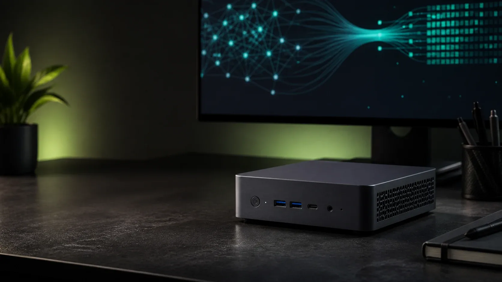 Mini PC AI kompak di meja developer dengan visual pemrosesan model LLM lokal