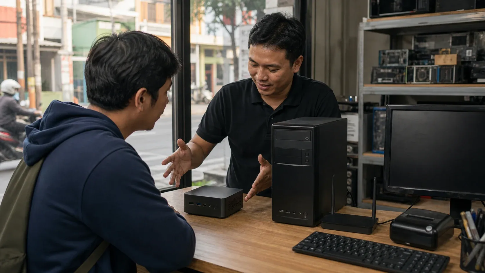 Teknisi membandingkan mini PC dan PC rakitan kecil di toko komputer