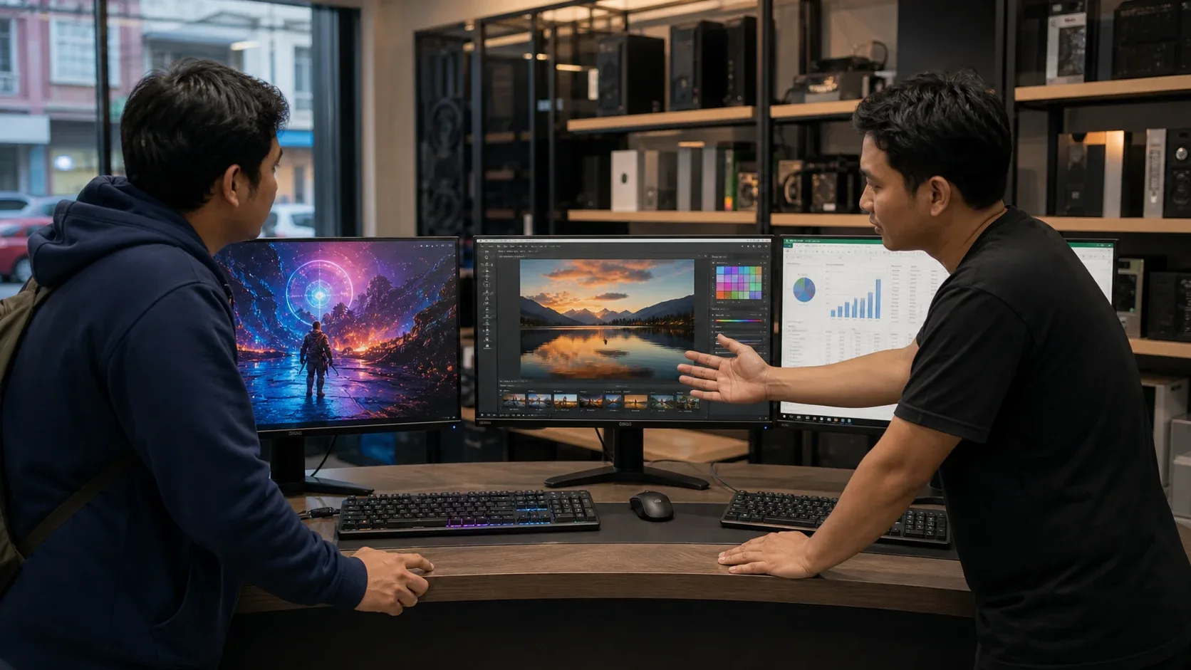 Pelanggan membandingkan monitor untuk gaming desain dan kerja kantor