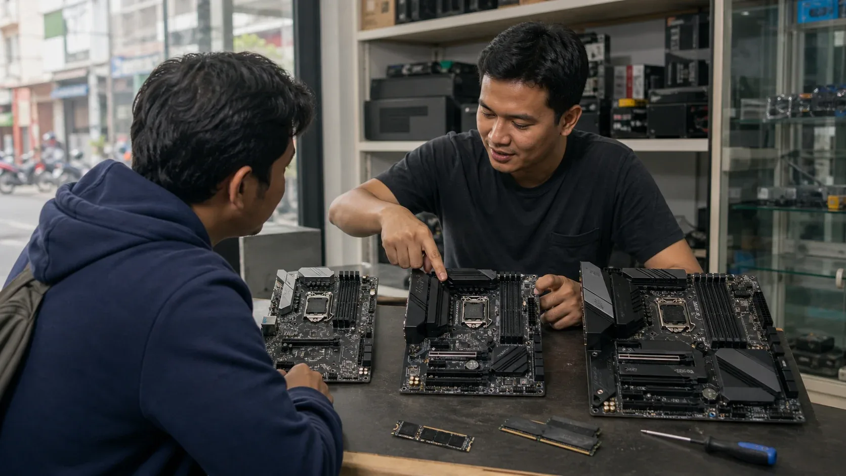 Teknisi membandingkan beberapa motherboard PC di meja rakit komputer