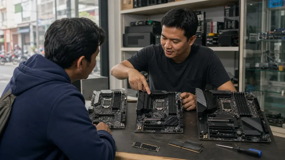 Teknisi membandingkan beberapa motherboard PC di meja rakit komputer