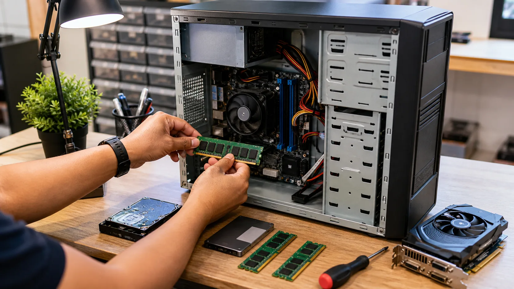 Komputer lama terbuka sedang di-upgrade dengan RAM, SSD, dan VGA