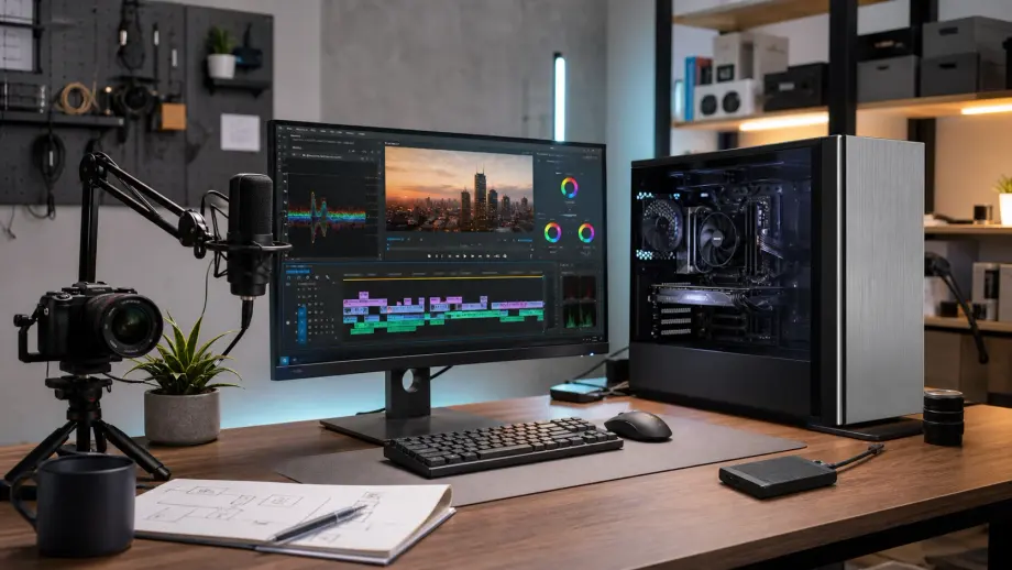 Workstation PC editing video dan rendering untuk content creator dengan monitor timeline, kamera, mikrofon, dan PC tower