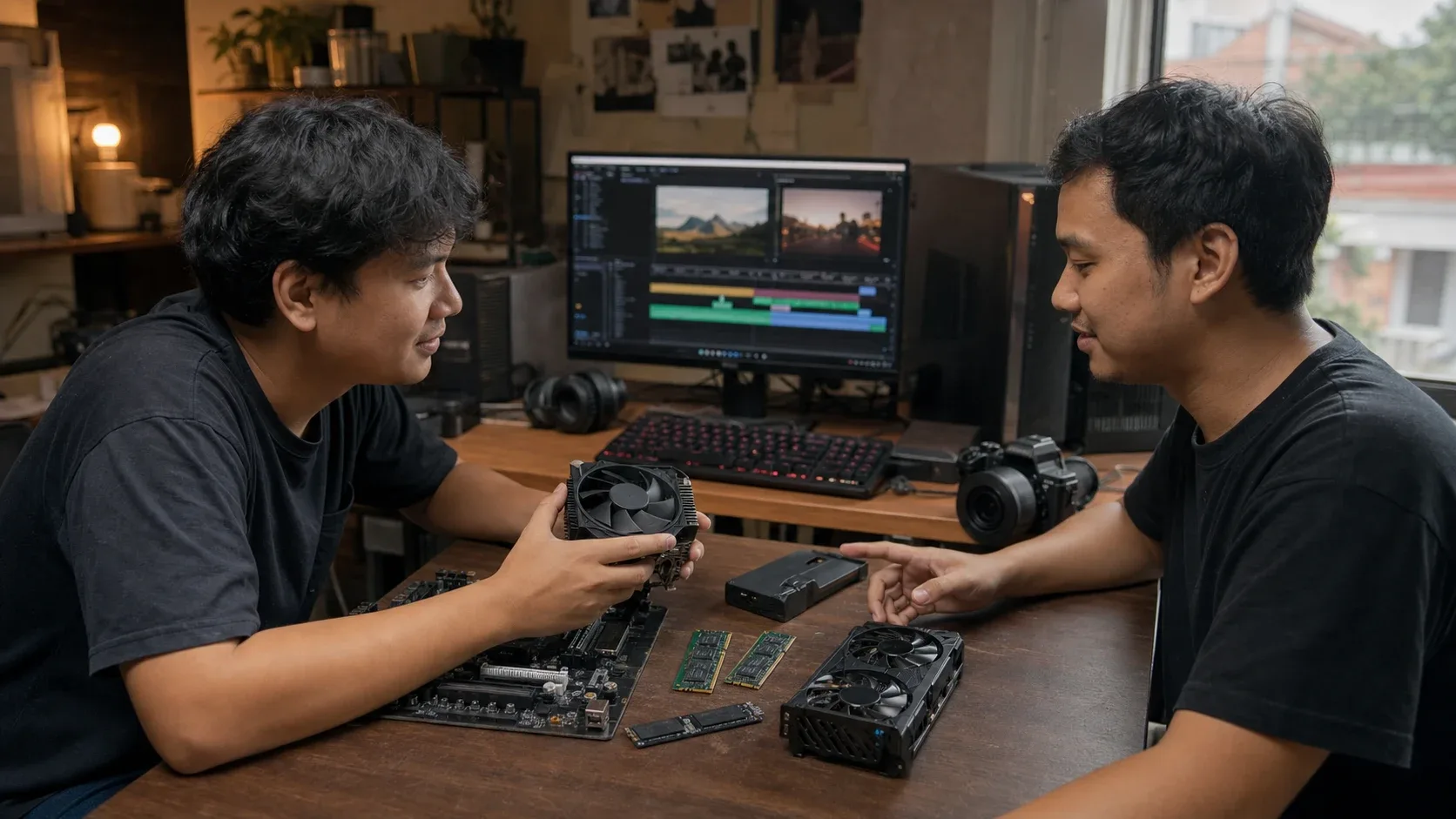 Konsultasi rakitan PC editing video di ruang kerja kreatif lokal Bandung