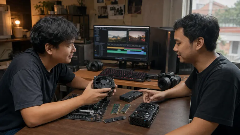 Konsultasi rakitan PC editing video di ruang kerja kreatif lokal Bandung