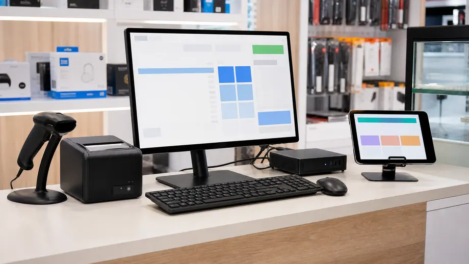 Meja kasir toko modern dengan mini PC, monitor POS, tablet Android, scanner barcode, dan printer struk