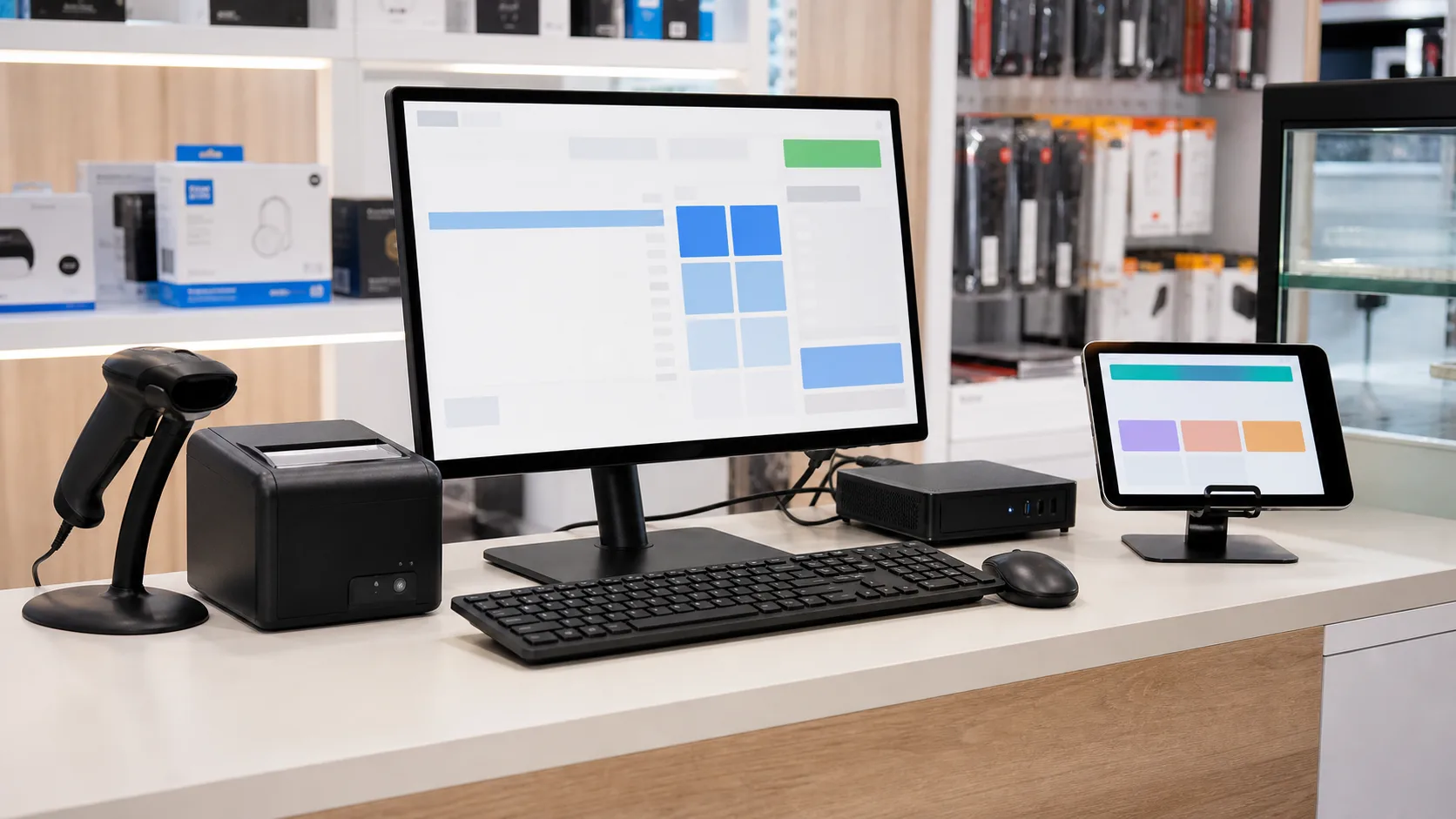 Meja kasir toko modern dengan mini PC, monitor POS, tablet Android, scanner barcode, dan printer struk