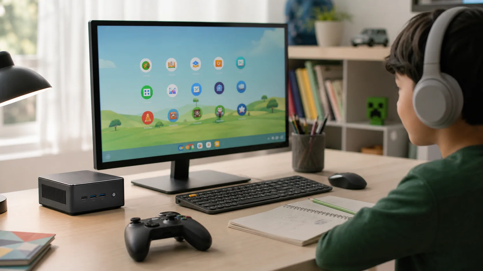 Setup PC kecil untuk pendidikan anak dengan Chrome OS, gamepad, dan monitor belajar