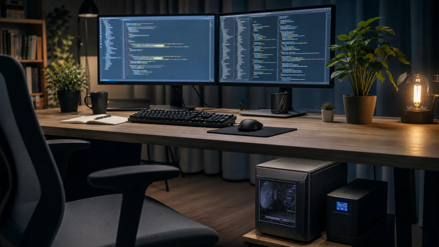 Workstation programmer dengan dua monitor, PC rakitan, dan UPS