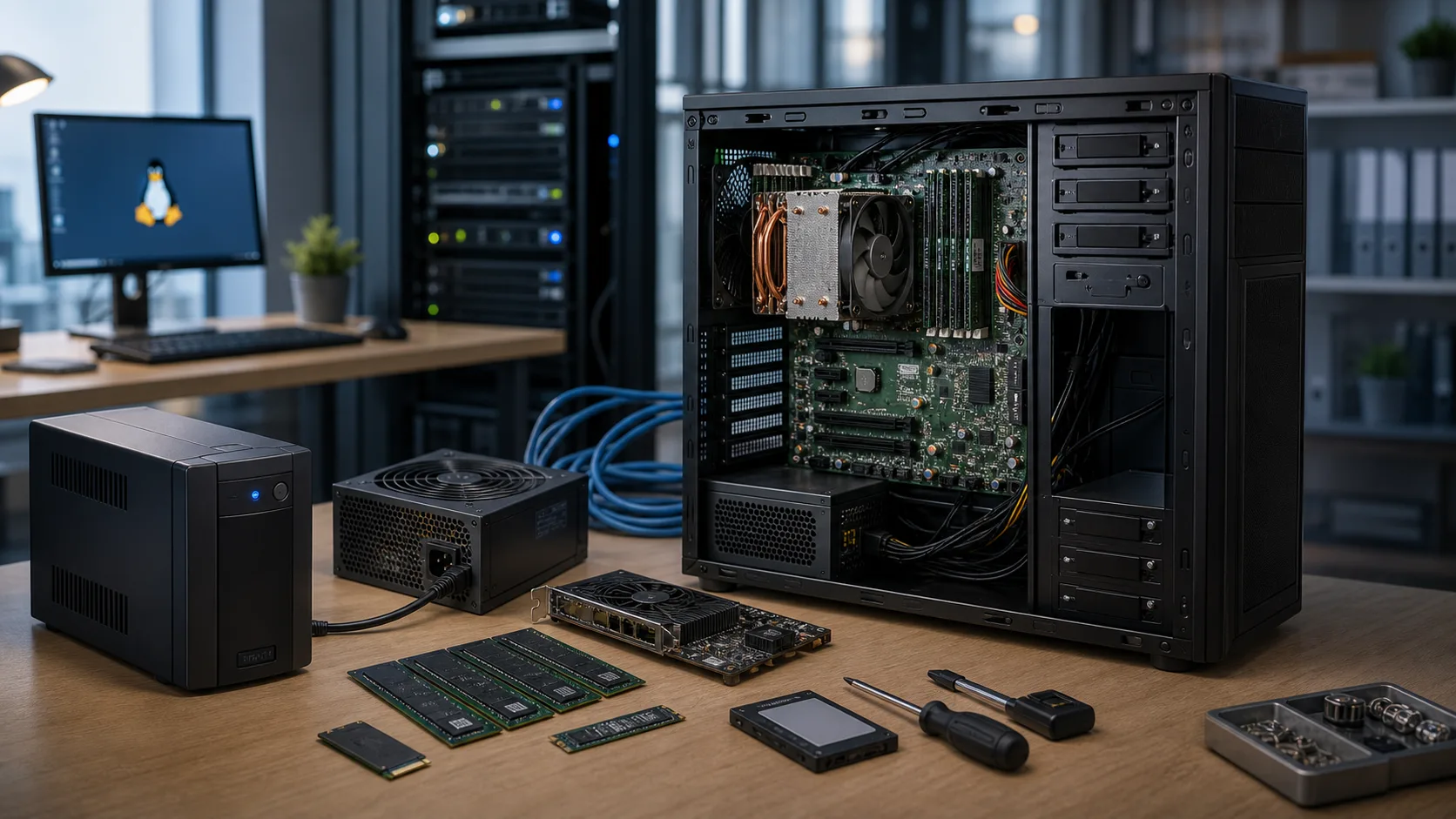 PC workstation server rakitan untuk kantor dengan motherboard server, ECC RAM, PSU, dan UPS