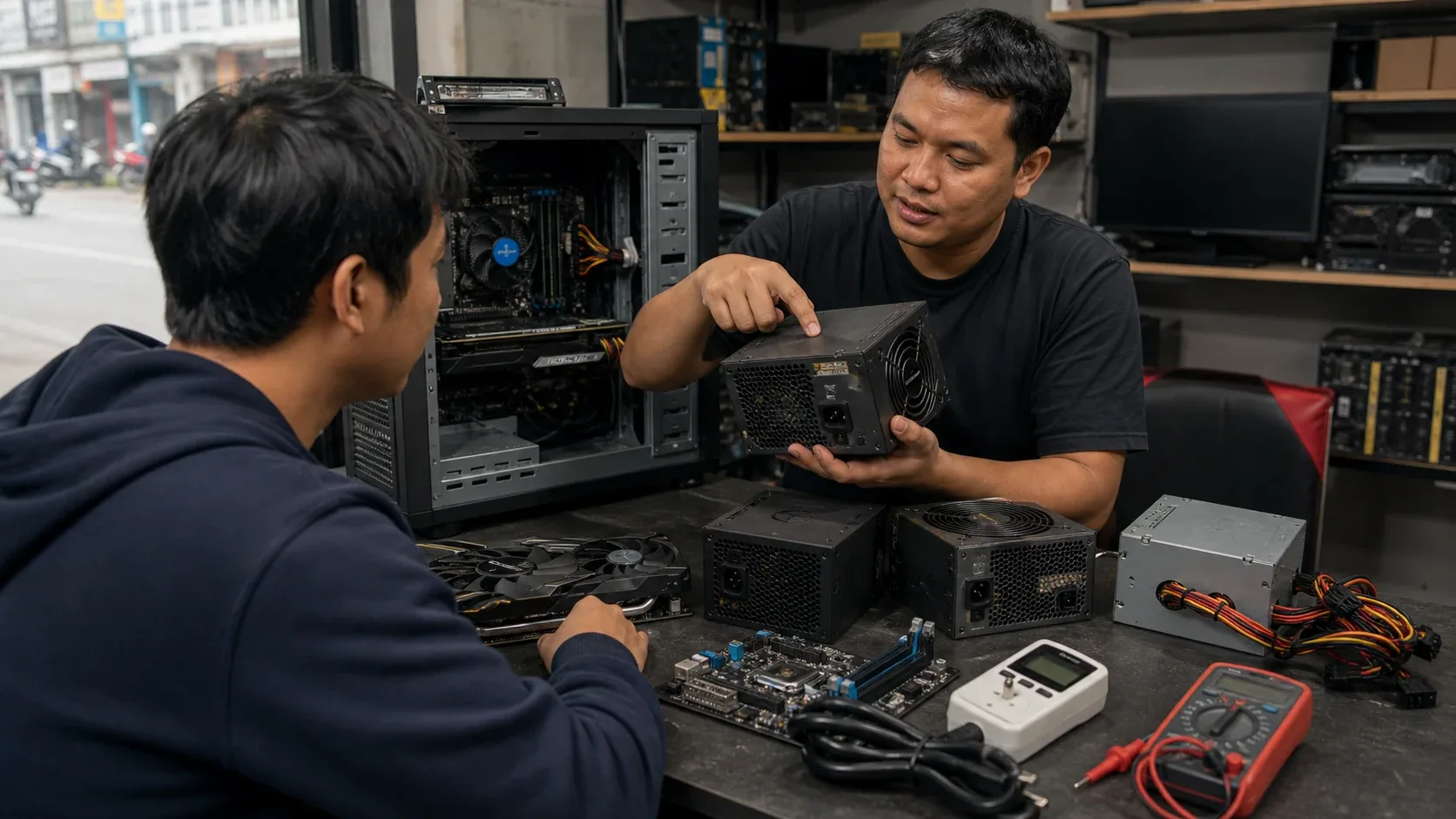 Teknisi menjelaskan power supply PC di meja servis komputer