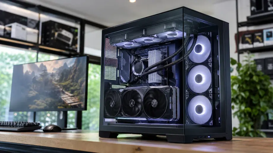 Rakitan PC gaming high end modern dengan casing kaca panorama, AIO 360mm, dan VGA kelas RTX 5090