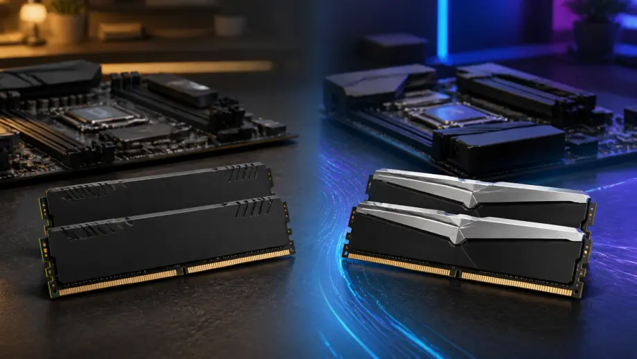 Perbandingan dua modul RAM DDR4 dan dua modul DDR5 di depan motherboard