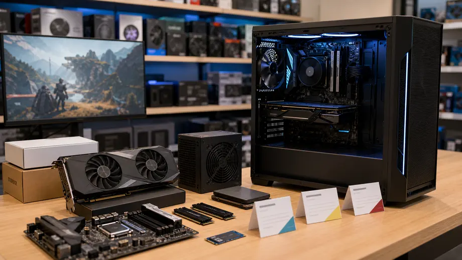 Meja konsultasi rakitan PC gaming dengan casing kaca, kartu grafis, RAM, SSD, PSU, dan monitor game