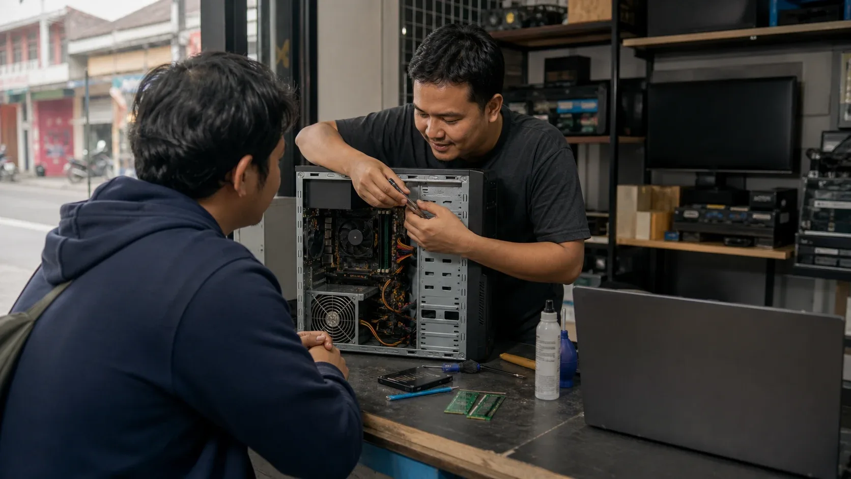 Teknisi komputer di Bandung sedang mengecek PC pelanggan di meja servis