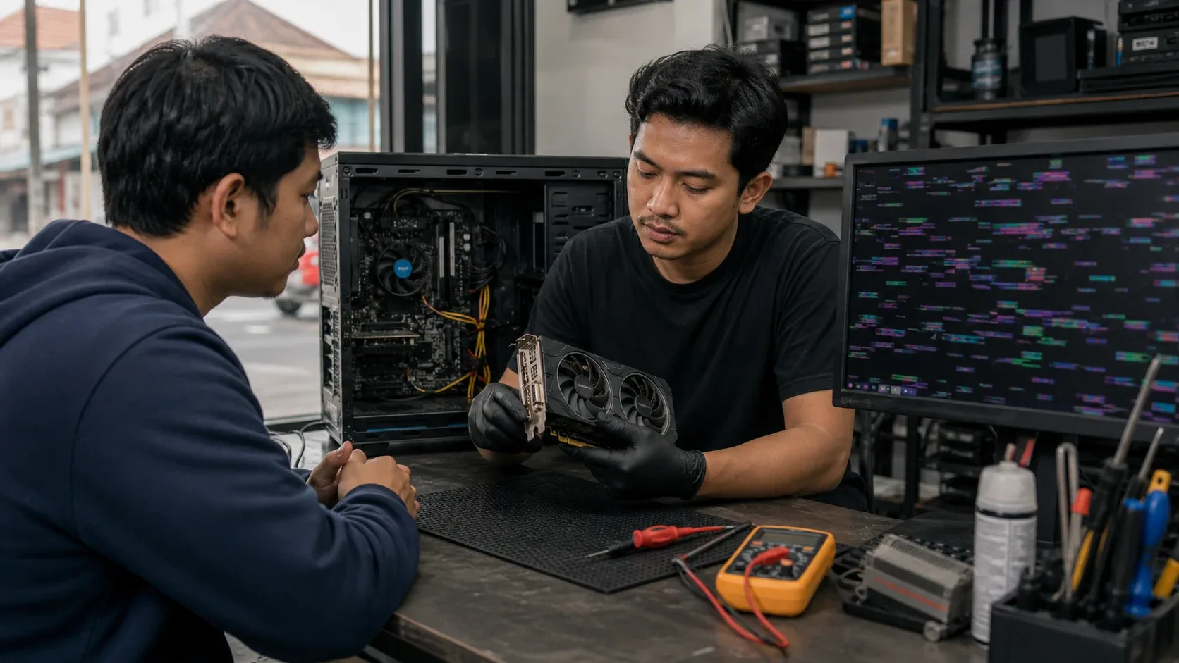 Teknisi mengecek VGA card bermasalah di meja servis komputer