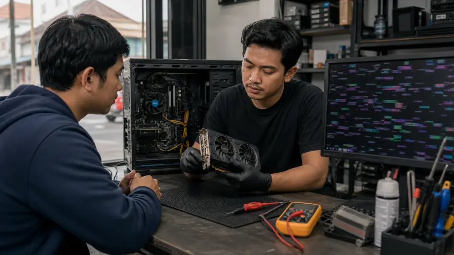 Teknisi mengecek VGA card bermasalah di meja servis komputer