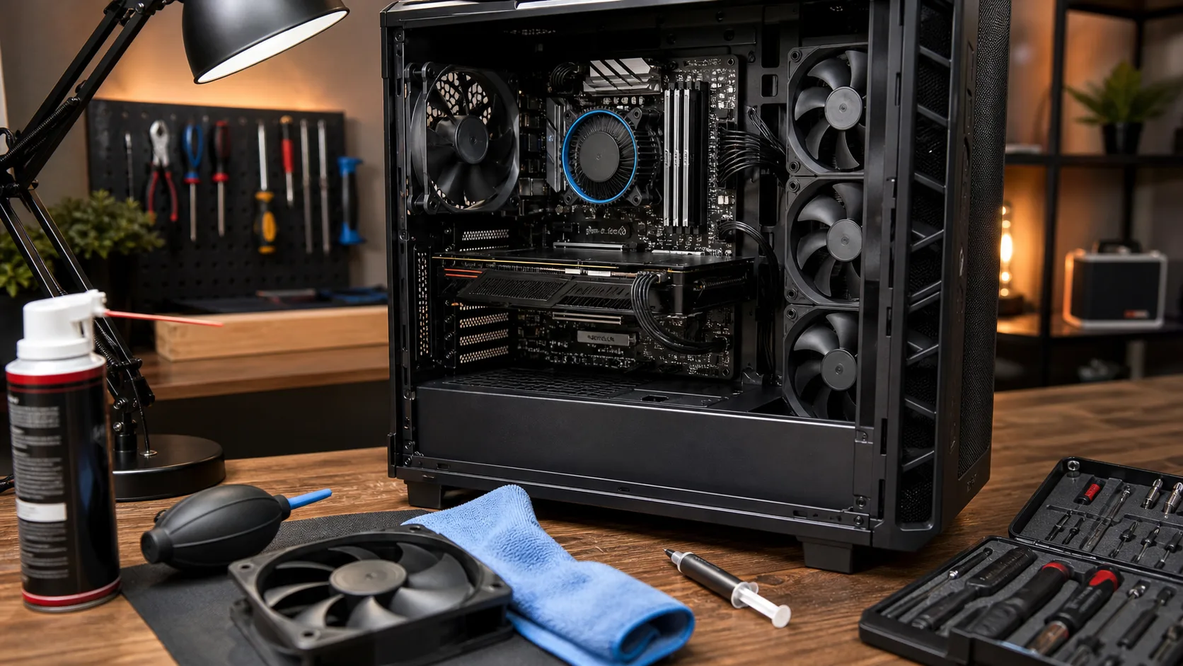 PC gaming terbuka sedang dibersihkan dengan alat servis, fan, dan thermal paste