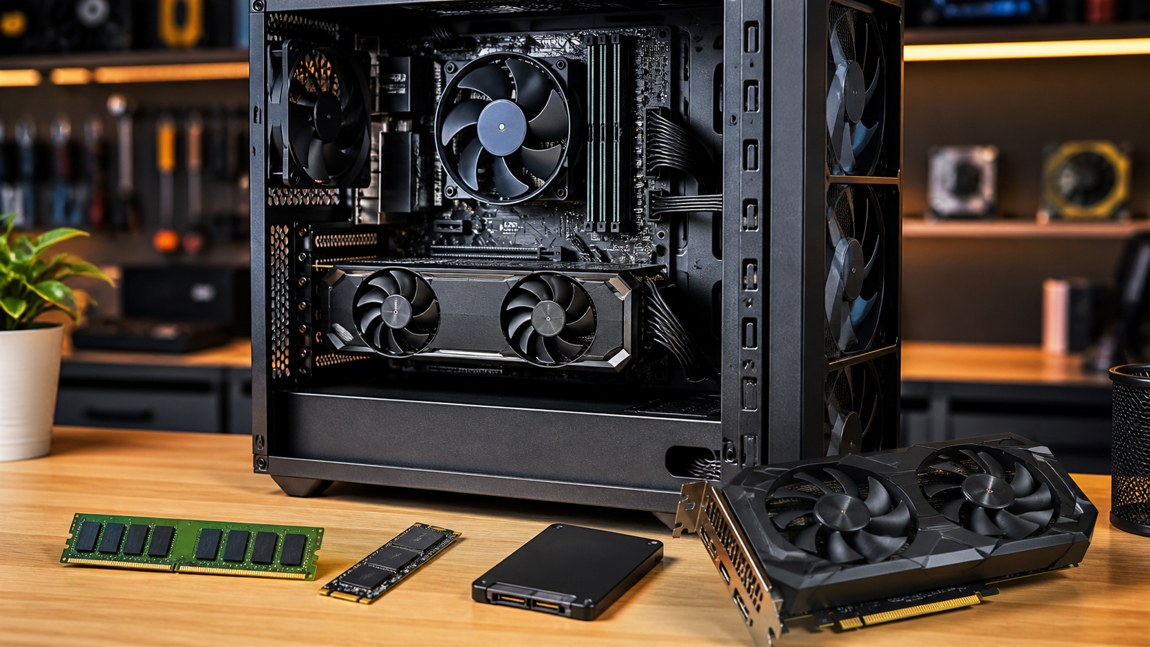 Komponen upgrade komputer berupa RAM, SSD, dan VGA di meja teknisi