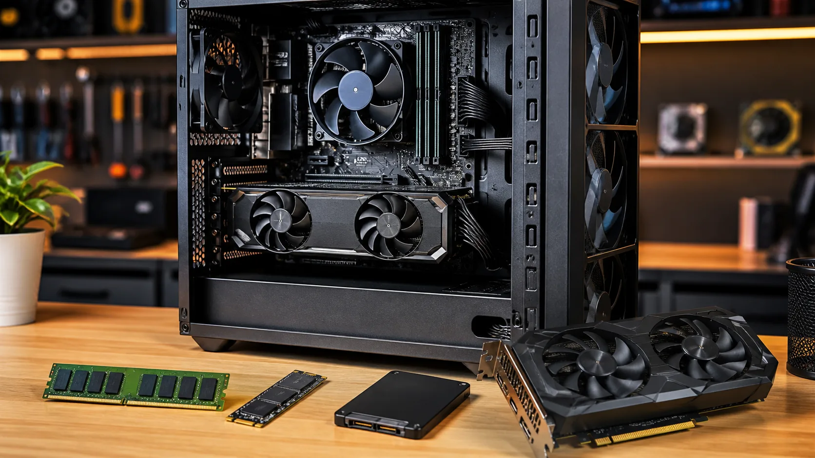Komponen upgrade komputer berupa RAM, SSD, dan VGA di meja teknisi