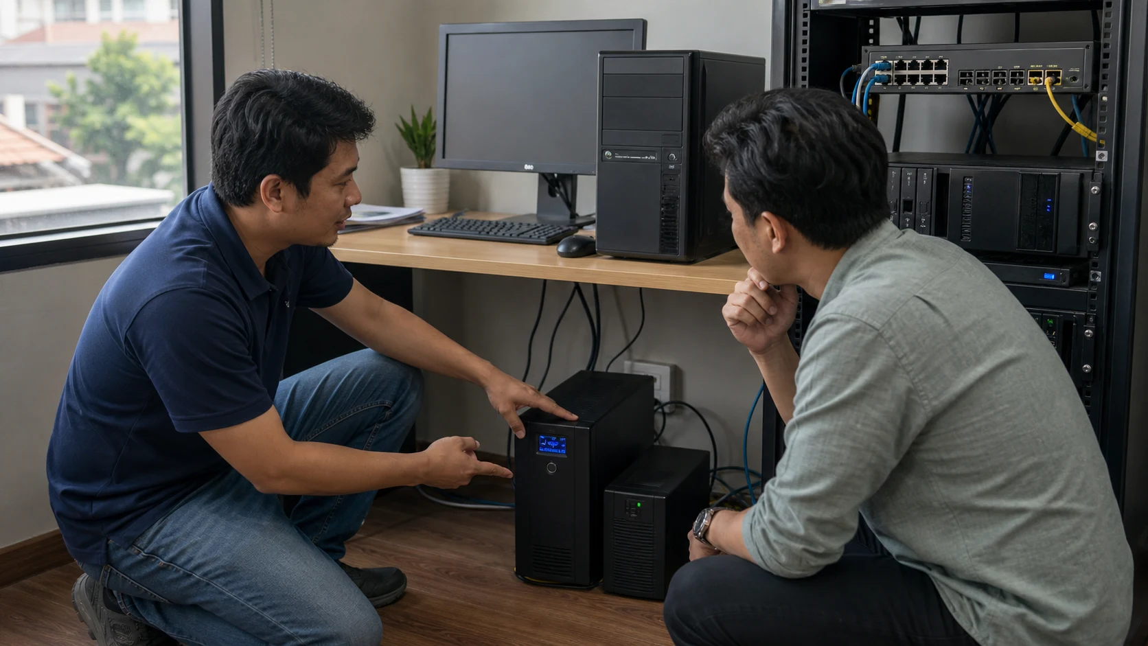 Teknisi menjelaskan penggunaan UPS untuk PC dan server kantor kecil