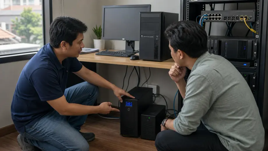 Teknisi menjelaskan penggunaan UPS untuk PC dan server kantor kecil