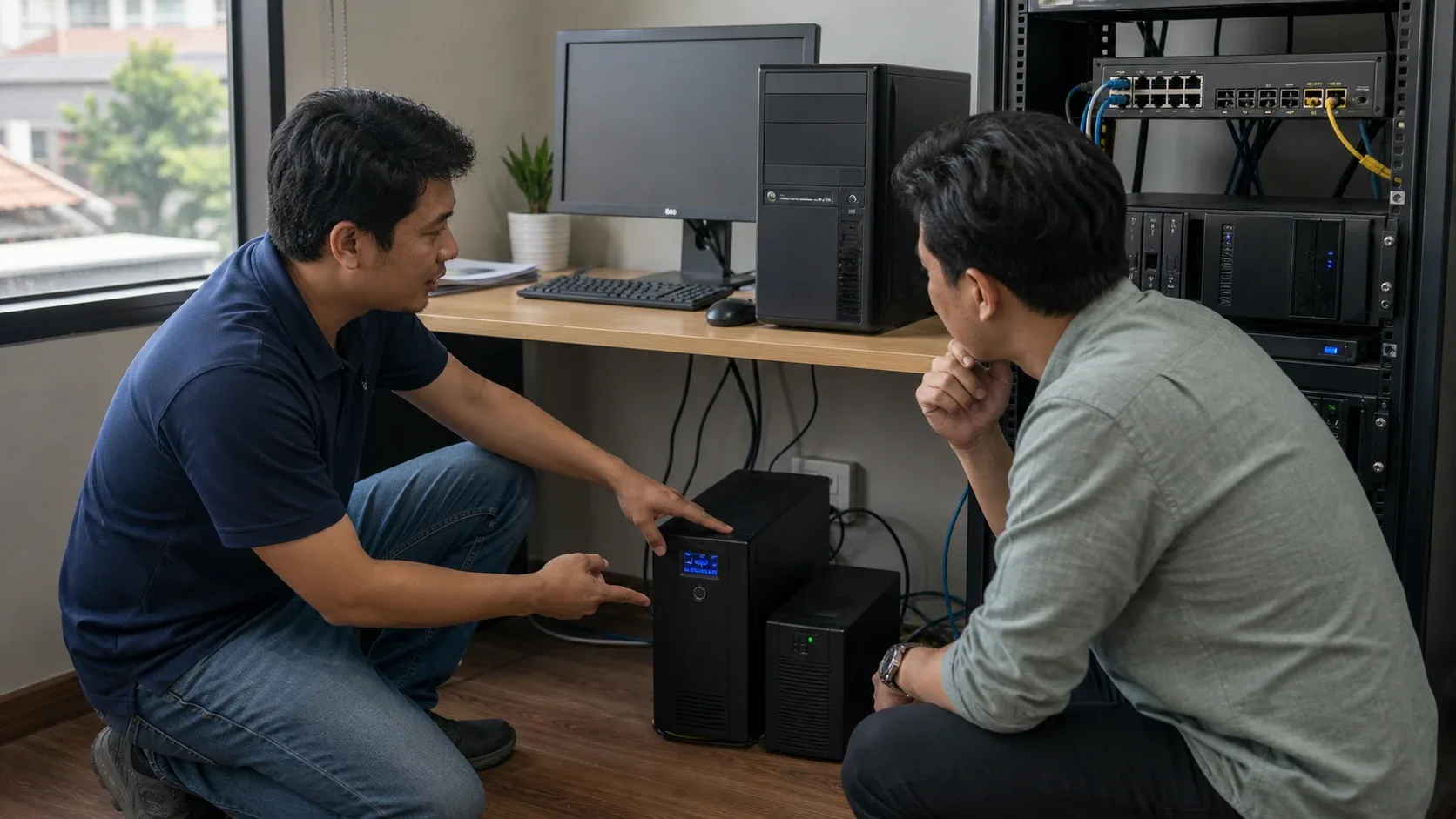 Teknisi menjelaskan penggunaan UPS untuk PC dan server kantor kecil